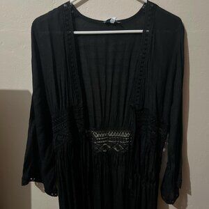 Long light black thin lace cardigan with design